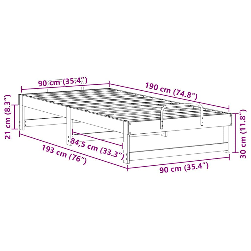 vidaXL Ágykeret Fehér 90 x 190 cm Tömör fenyőfa