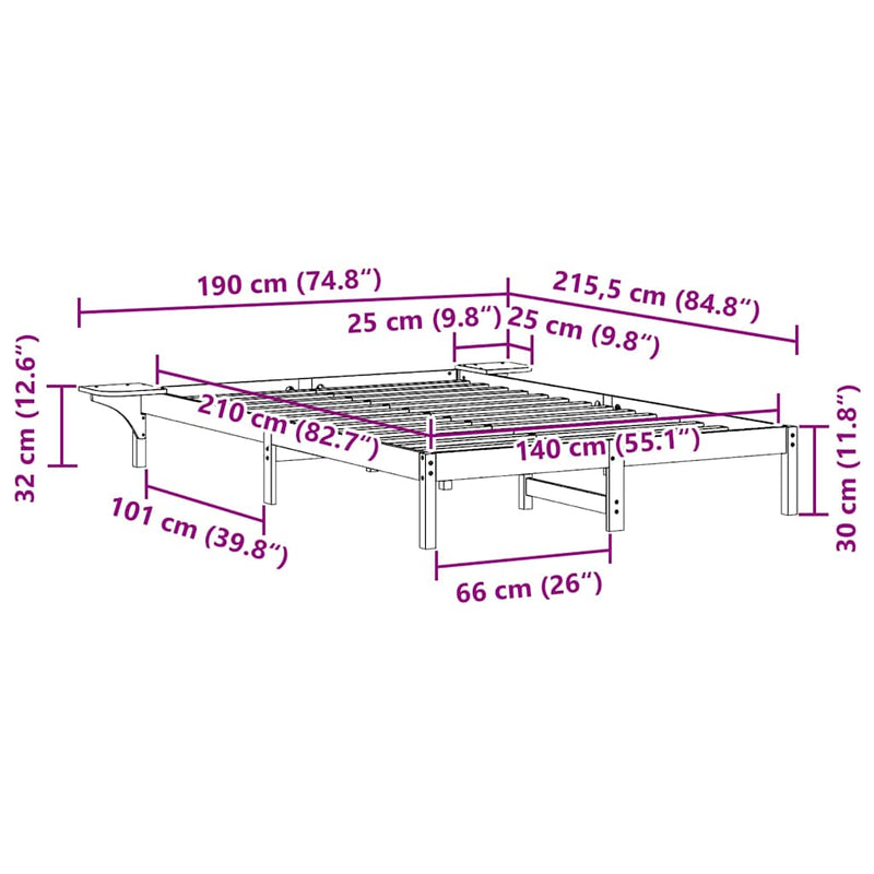 vidaXL Ágykeret éjjeliszekrényekkel Fehér 140 x 210 cm Tömör fenyőfa