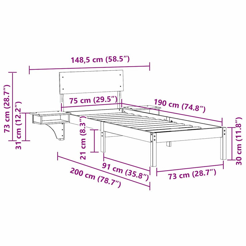 vidaXL Ágykeret fejtámlával Fehér 75 x 190 cm Tömör fenyőfa