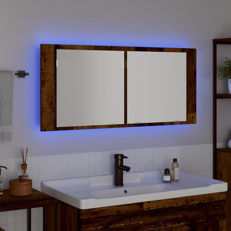 vidaXL LED Tükörszekrény polcokkal Régi fa 100 x 12 x 45 cm Faanyag