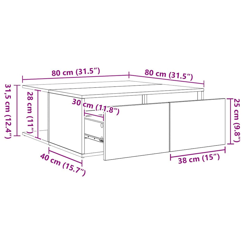 vidaXL Dohányzóasztal with Drawer Öreg fa 80 x 80 x 31 cm Faanyag