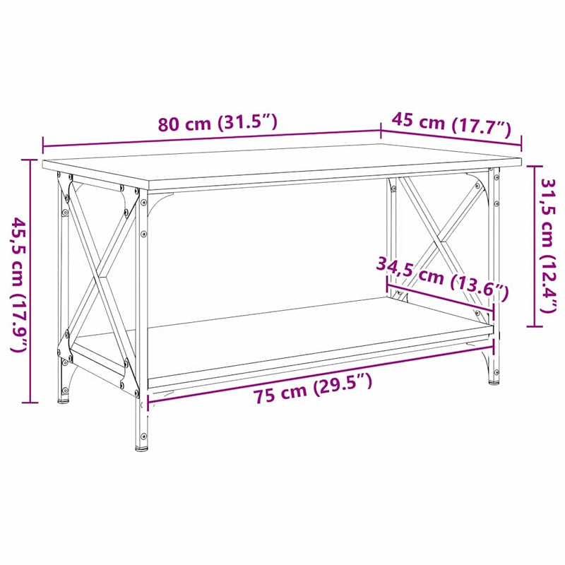vidaXL Dohányzóasztal kézműves tölgy 80 x 45 x 45.5 cm Faanyag