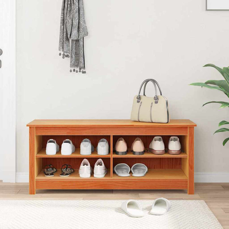 vidaXL Cipőpad polcokkal Viaszbarna 110 x 38 x 45.5 cm Tömör fenyőfa