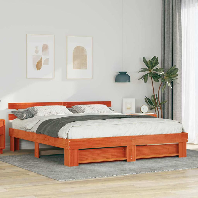 vidaXL Ágykeret fejtámlával Barna 200 x 200 cm Tömör fenyőfa