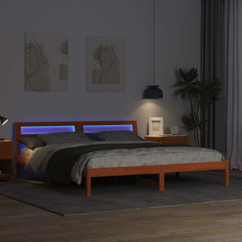 vidaXL Ágykeret LED -es lámpákkal Barna 200 x 200 cm Tömör fa