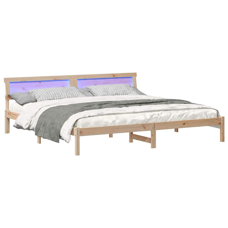 vidaXL Ágykeret LED -es lámpákkal Barna 200 x 200 cm Tömör fenyőfa