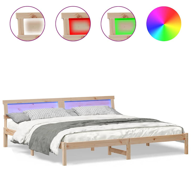 vidaXL Ágykeret LED -es lámpákkal Barna 200 x 200 cm Tömör fenyőfa