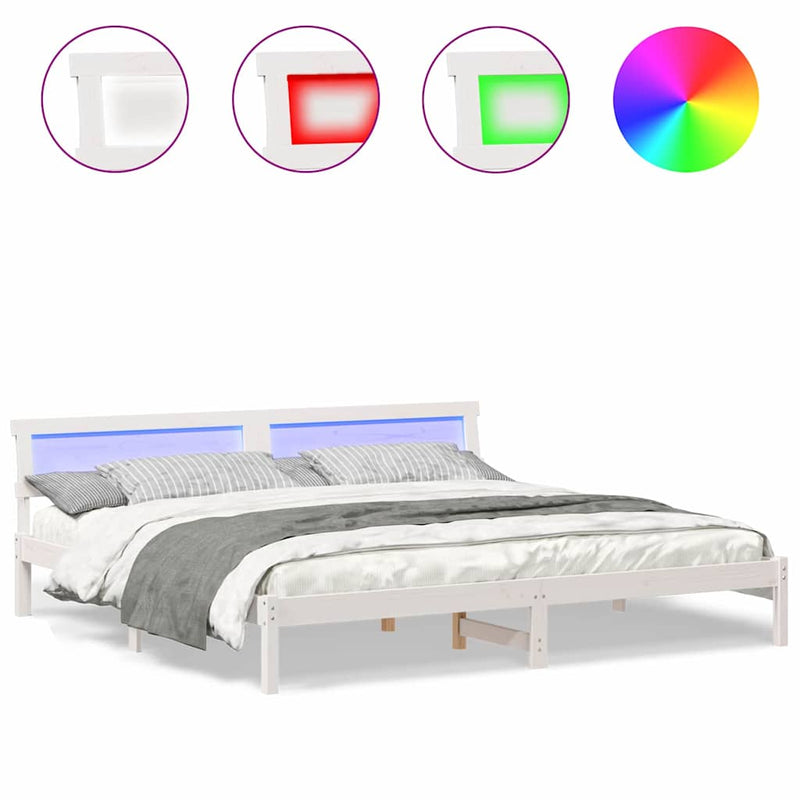 vidaXL Ágykeret LED -es lámpákkal Fehér 200 x 200 cm Tömör fenyőfa