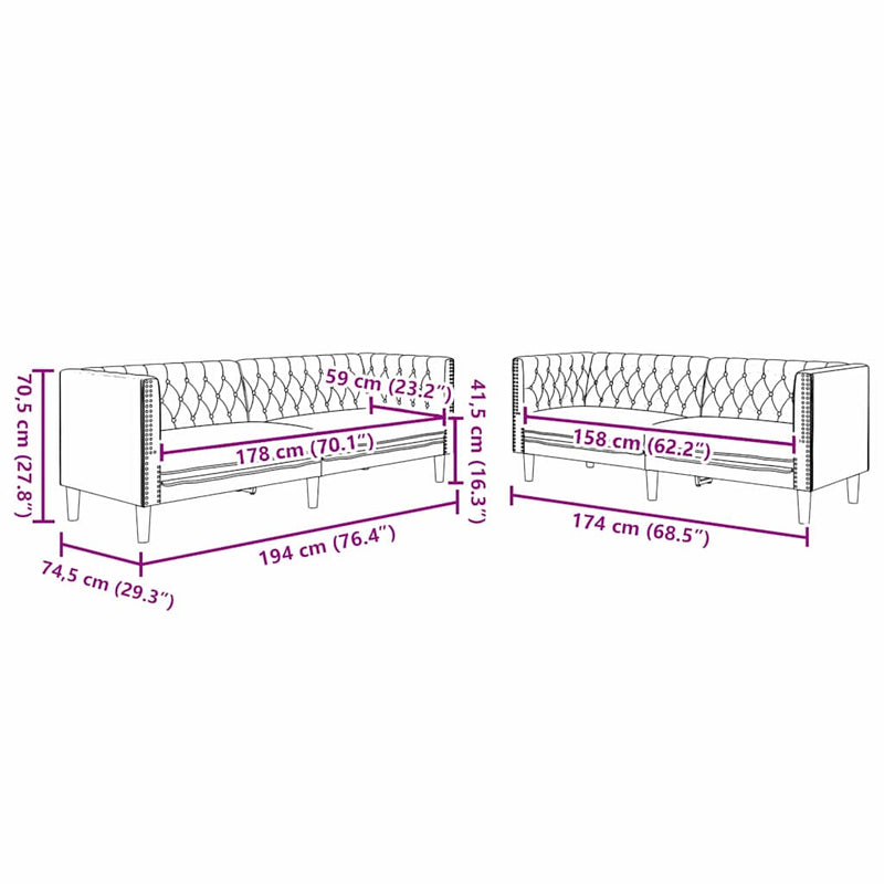 vidaXL Kanapé Szett 2 pcs Fekete 194 x 74.5 x 70.5 cm Műbőr