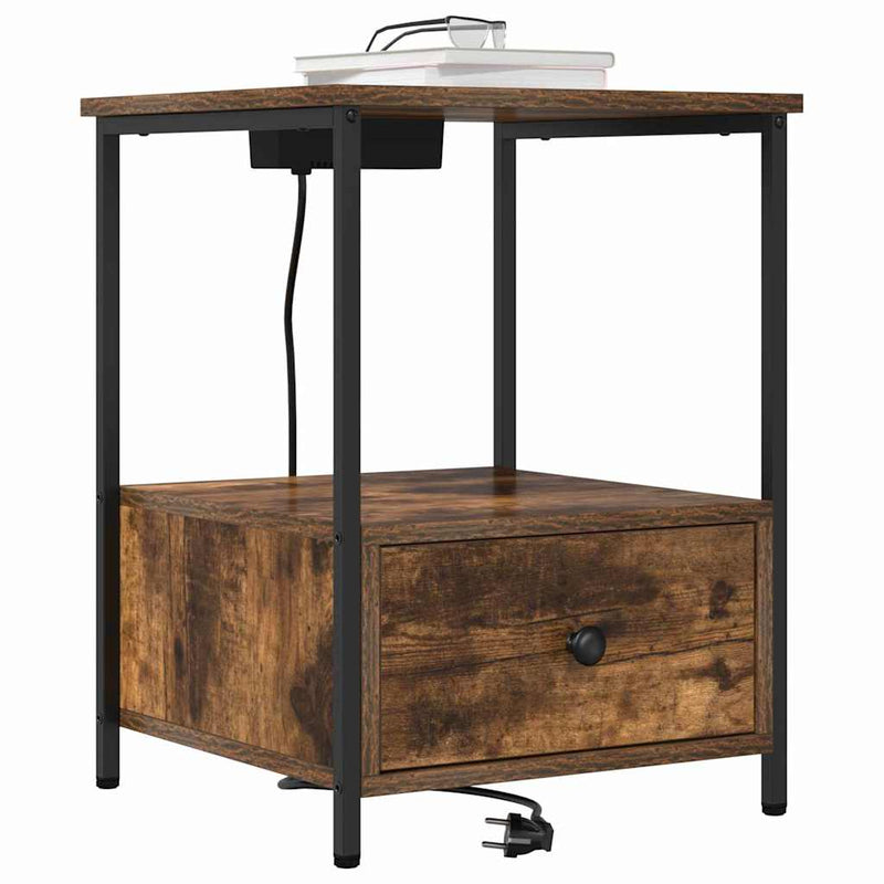 vidaXL Éjjeliszekrény Töltőállomással fiókkal Füstölt tölgy Faanyag