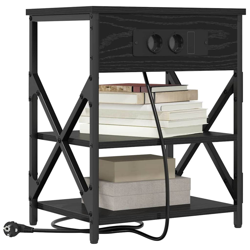 vidaXL Éjjeliszekrény Töltőállomással polcokkal Musta tammi Faanyag