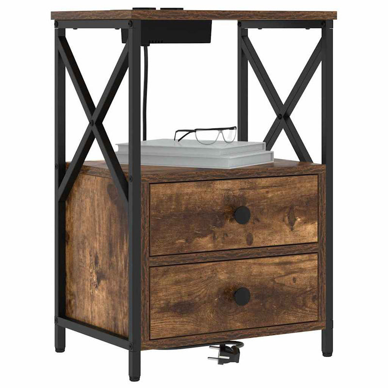 vidaXL Éjjeliszekrény Töltőállomással fiókkal Füstölt tölgy Faanyag