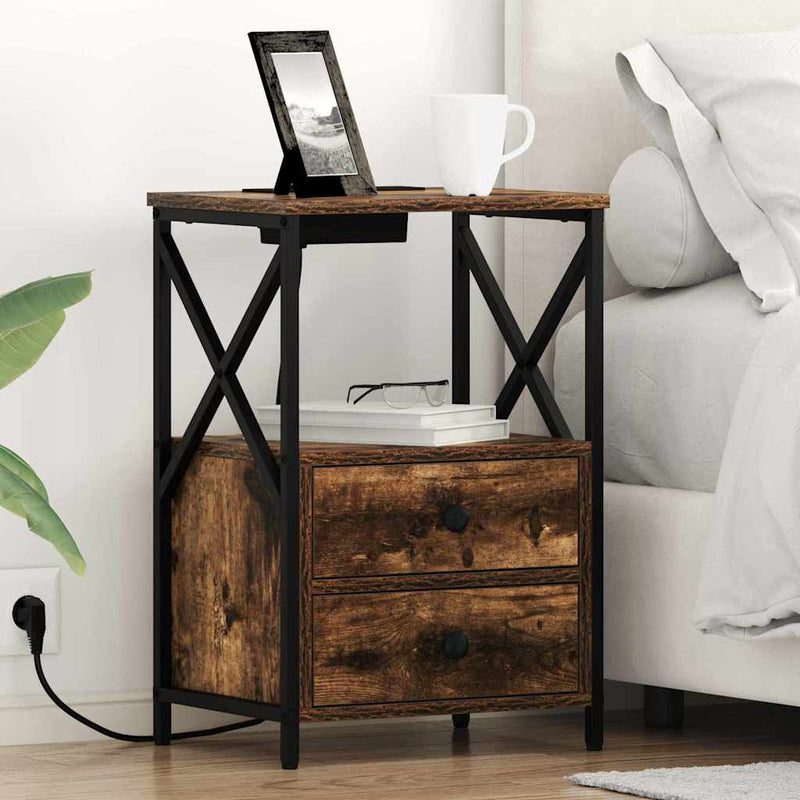 vidaXL Éjjeliszekrény Töltőállomással fiókkal Füstölt tölgy Faanyag