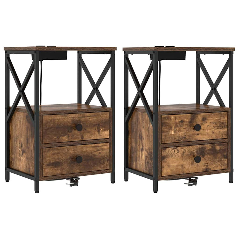 vidaXL Éjjeliszekrény Töltőállomással fiókkal Füstölt tölgy Faanyag