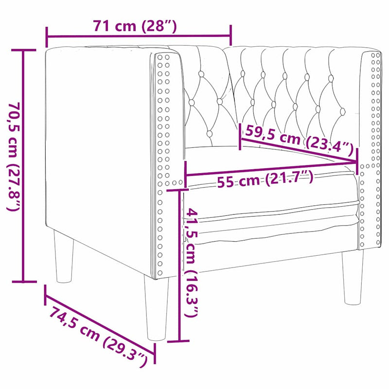 vidaXL Chesterfield Kanapé Szék Fekete 71 x 74.5 x 70.5 cm Műbőr