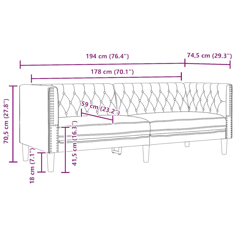 vidaXL Chesterfield kanapé Argyle Fekete 194 x 74.5 x 70.5 cm Műbőr