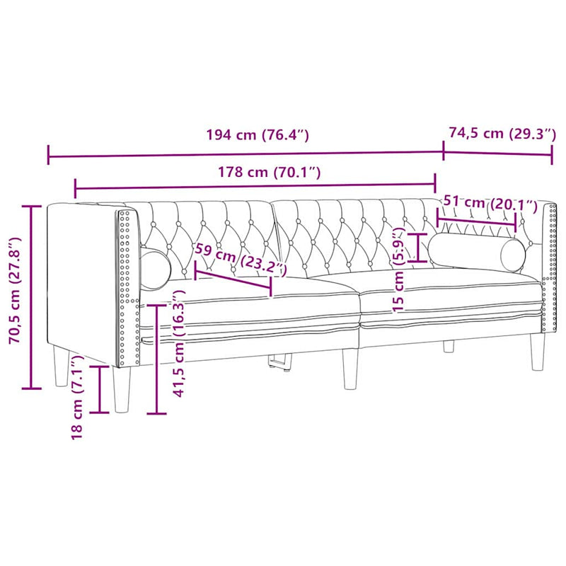 vidaXL Chesterfield kanapé Sötétszürke 194 x 74.5 x 70.5 cm Bársony