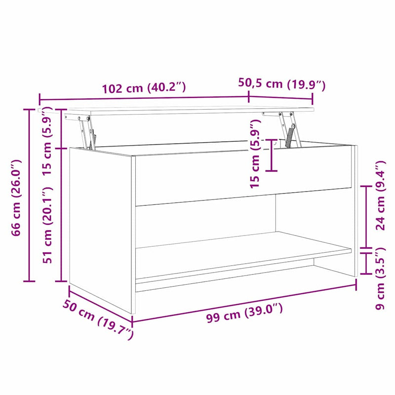 vidaXL Dohányzóasztal kézműves tölgy 102 x 50 x 52.5 cm Faanyag