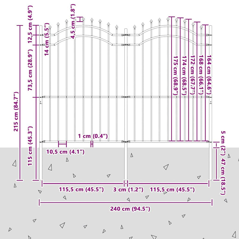 vidaXL Kerti Kerítés Szürke 215 cm Porszórt Acél