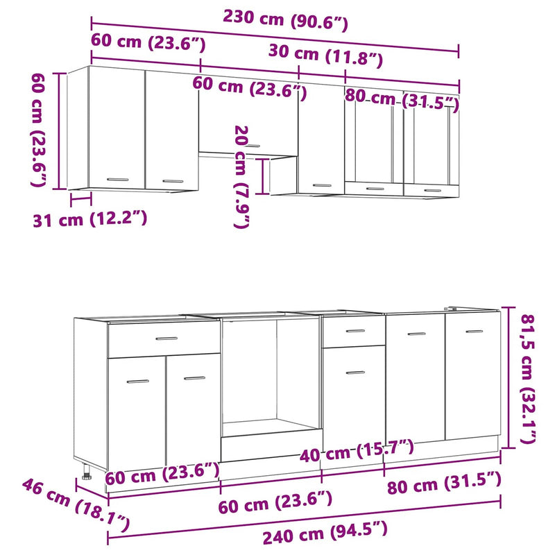 vidaXL Konyhaszekrény garnitúra fiókkal Lyon 8 pcs Füstölt tölgy