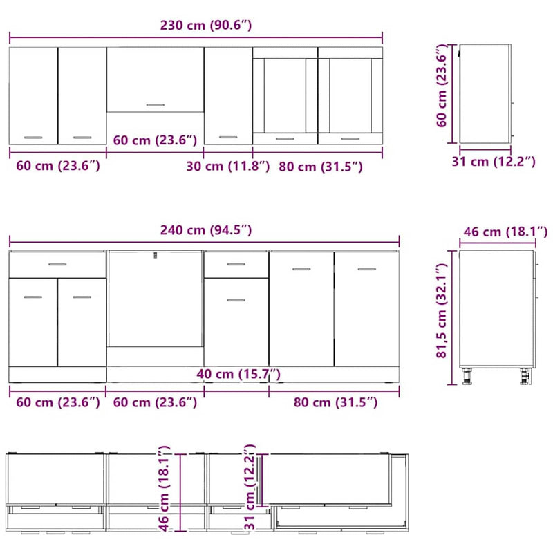 vidaXL Konyhaszekrény garnitúra fiókkal Lyon 8 pcs Szürke Sonoma
