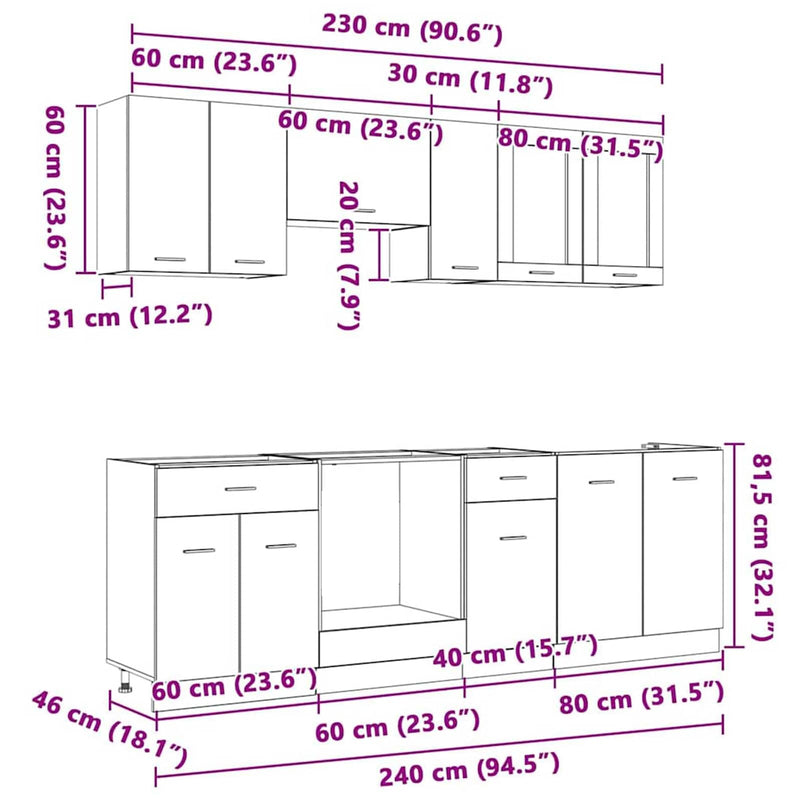 vidaXL Konyhaszekrény garnitúra fiókkal Lyon 8 pcs Szürke Sonoma