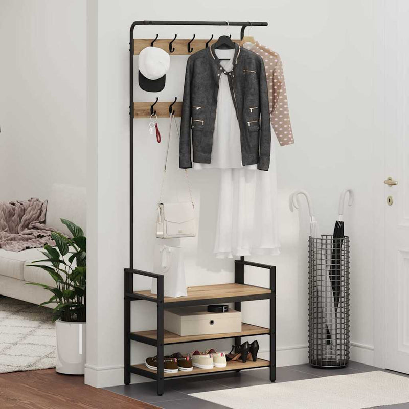 vidaXL Kabáthorog polcokkal kézműves tölgy 75 x 34 x 184 cm Faanyag