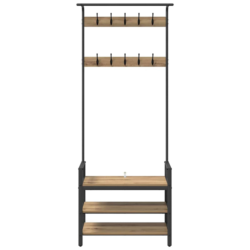 vidaXL Kabáthorog polcokkal kézműves tölgy 75 x 34 x 184 cm Faanyag