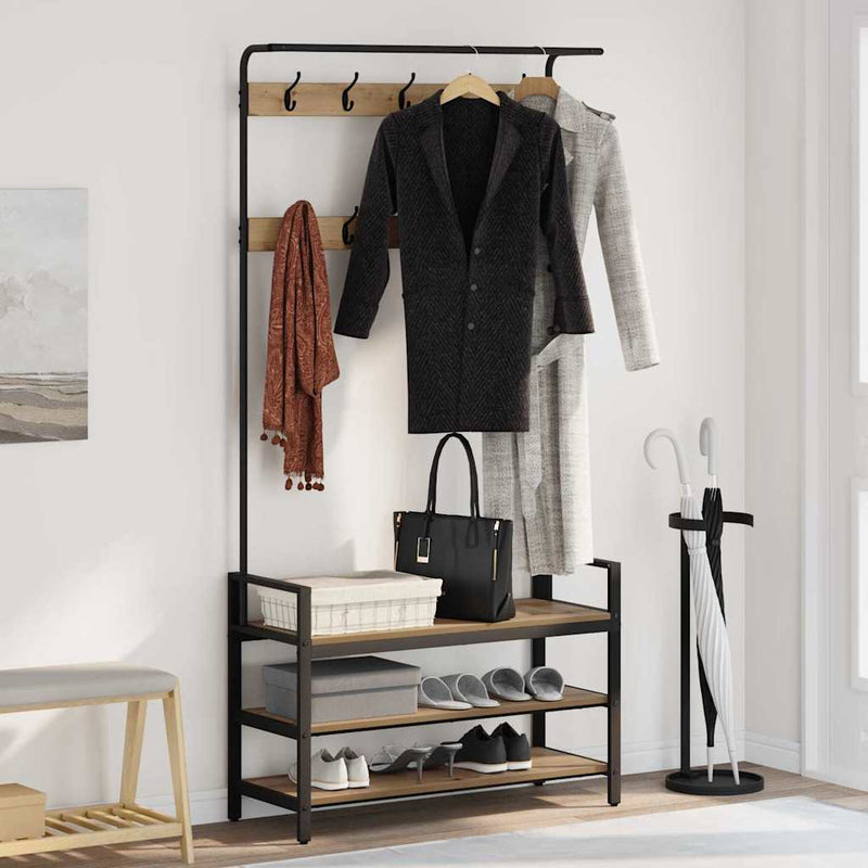 vidaXL Kabáthorog polcokkal kézműves tölgy 95 x 34 x 184 cm Faanyag