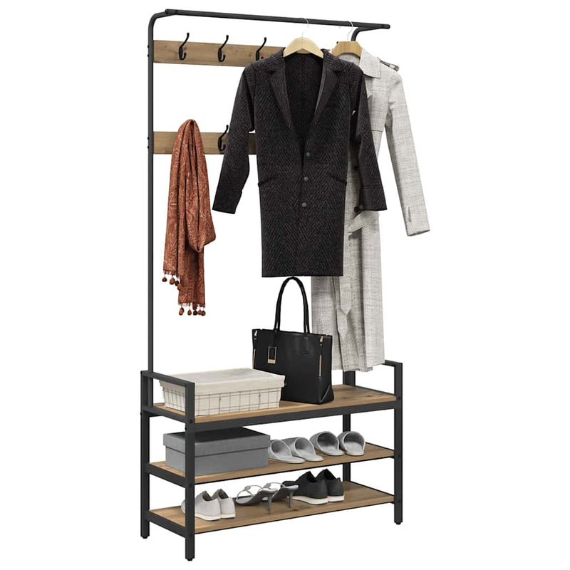 vidaXL Kabáthorog polcokkal kézműves tölgy 95 x 34 x 184 cm Faanyag