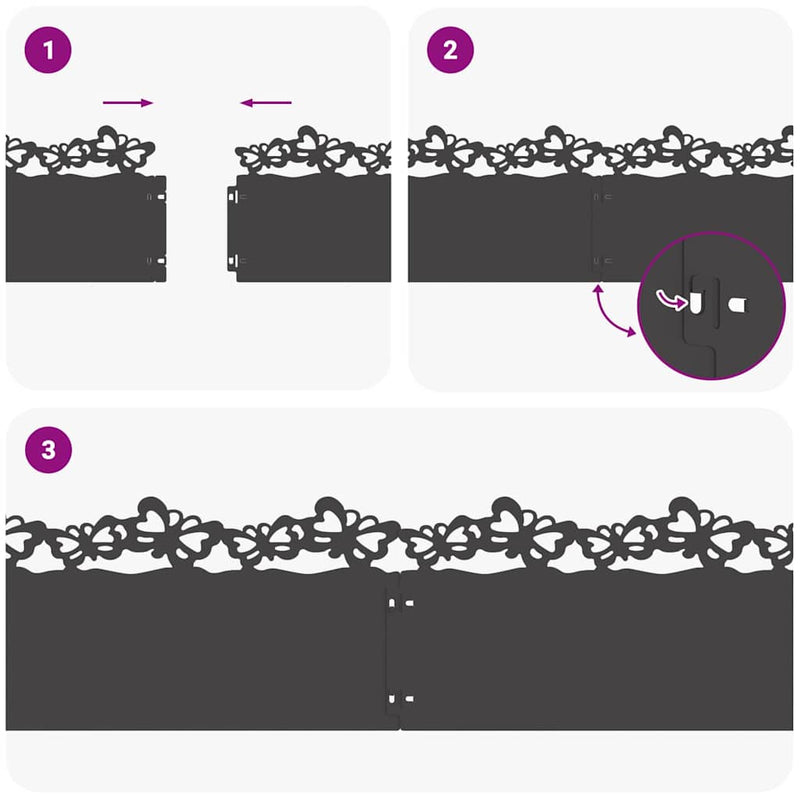 vidaXL Gyepszegélyek 10 pcs Fekete 103 x 0,05 x 22 cm Acél