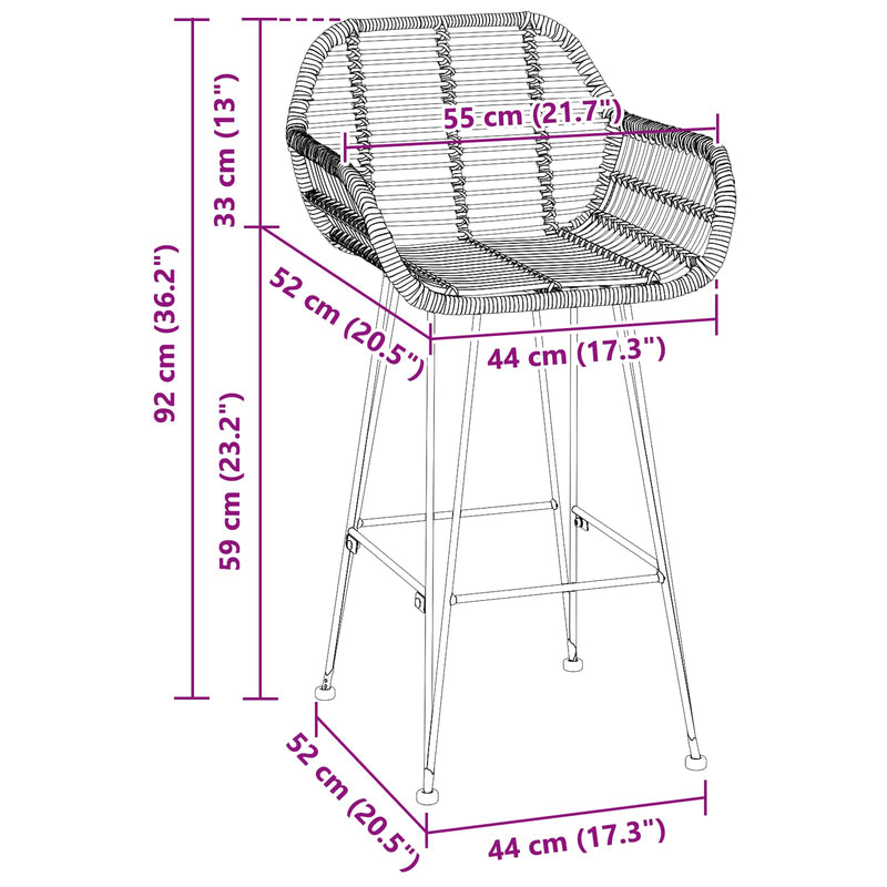vidaXL Bárszék 2 pcs Természetes 55 x 52 x 92 cm Rattan és Vas