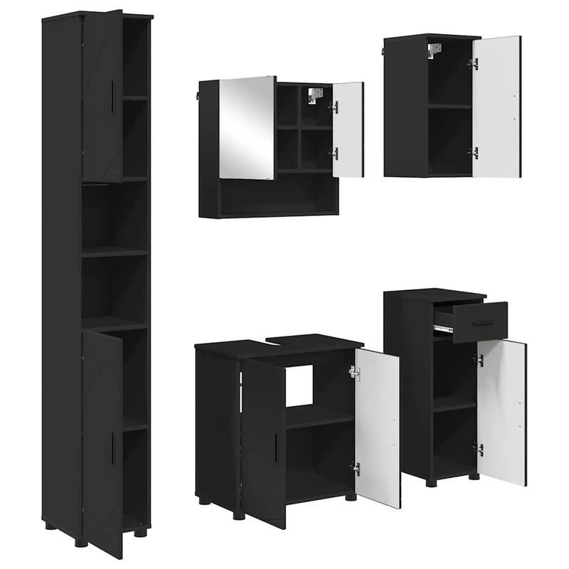 vidaXL Fürdőszoba bútor szett fiókkal 5 pcs Fekete Faanyag & Fém