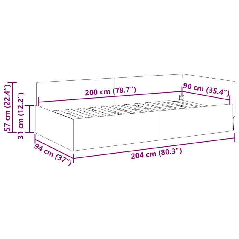 vidaXL Sarokágy keret Tópszínű 90 x 200 cm Szövet és Mérnöki Fa
