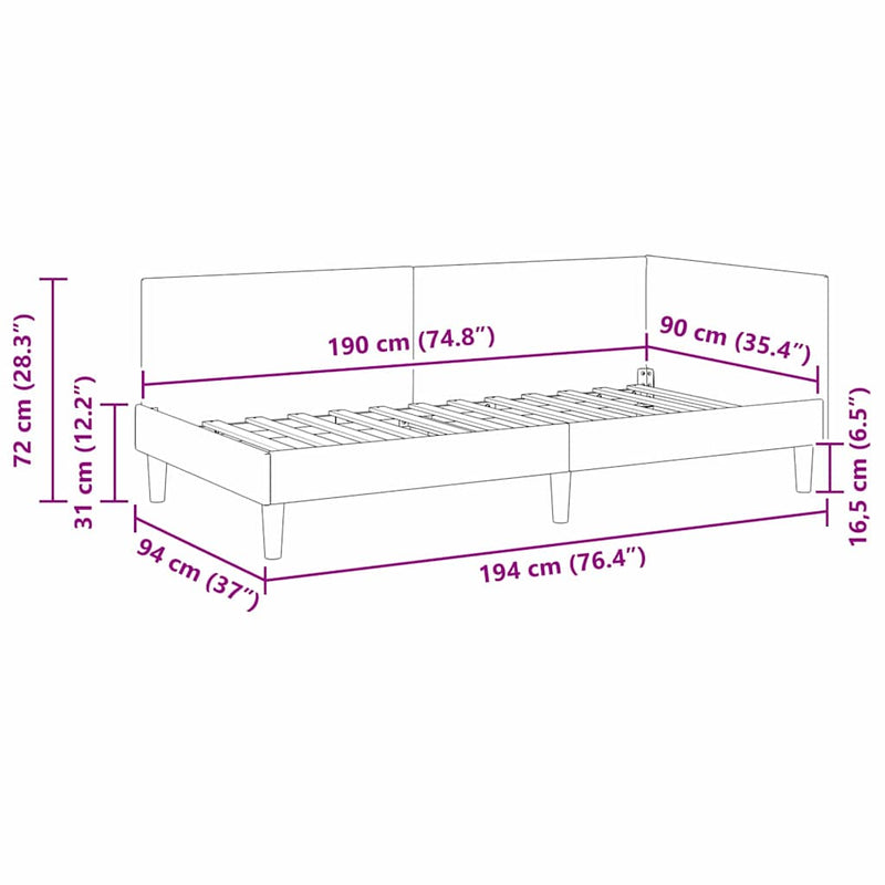 vidaXL Sarokágy keret Sötétszürke 90 x 190 cm Szövet és Mérnöki Fa