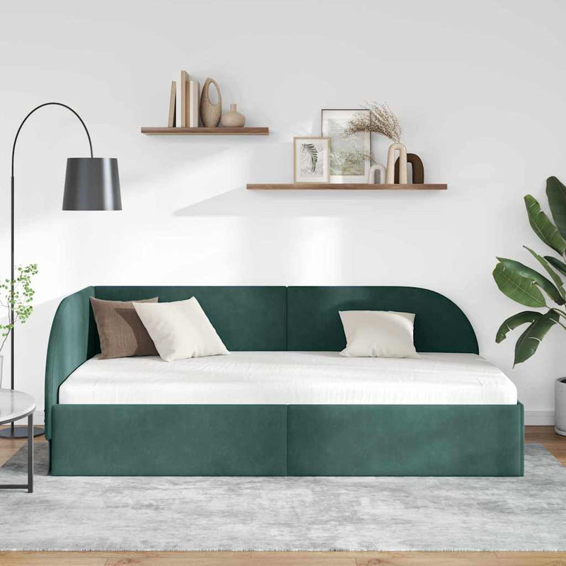 vidaXL Sarokágy keret fejtámlával Sötétzöld 90 x 190 cm Bársony