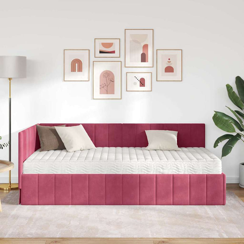 vidaXL Sarokágy keret matracmal fejtámlával bordó 90 x 190 cm Bársony