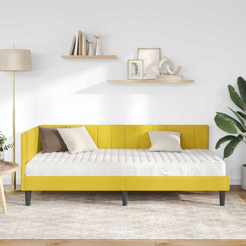 vidaXL Sarokágy keret matracmal fejtámlával Sárga 90 x 200 cm Bársony