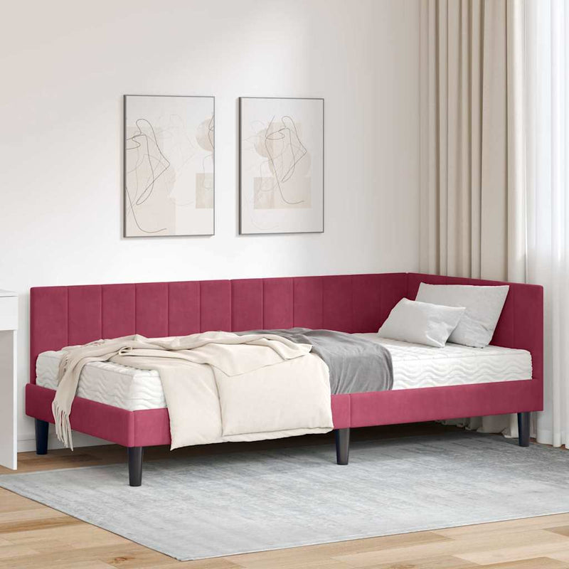 vidaXL Sarokágy keret matracmal fejtámlával bordó 100 x 200 cm Bársony