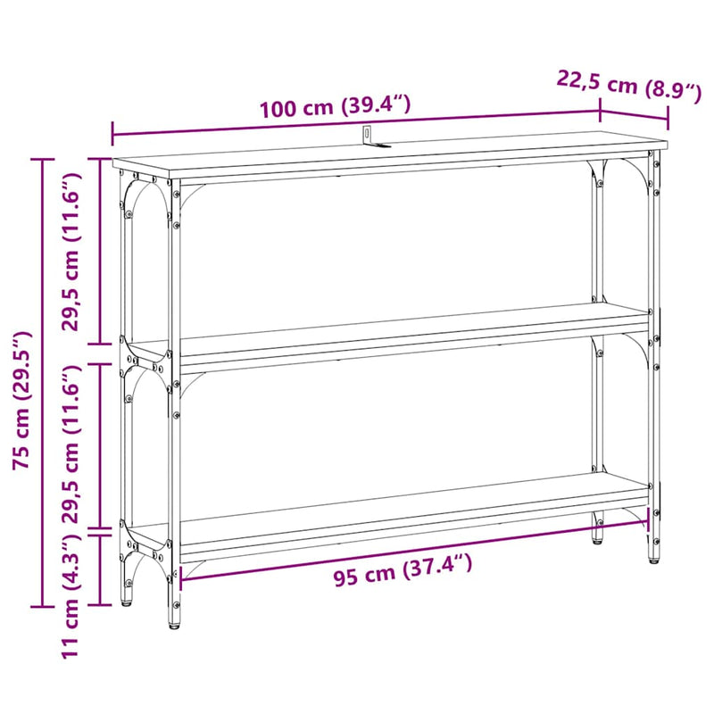 vidaXL Konzolasztal polcokkal Artisan tölgy 100 x 22,5 x 75 cm Faanyag