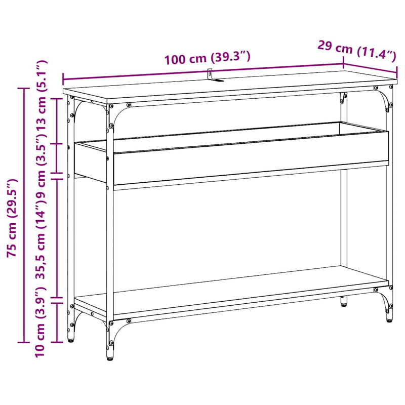 vidaXL Konzolasztal polcokkal kézműves tölgy 100 x 29 x 75 cm Faanyag