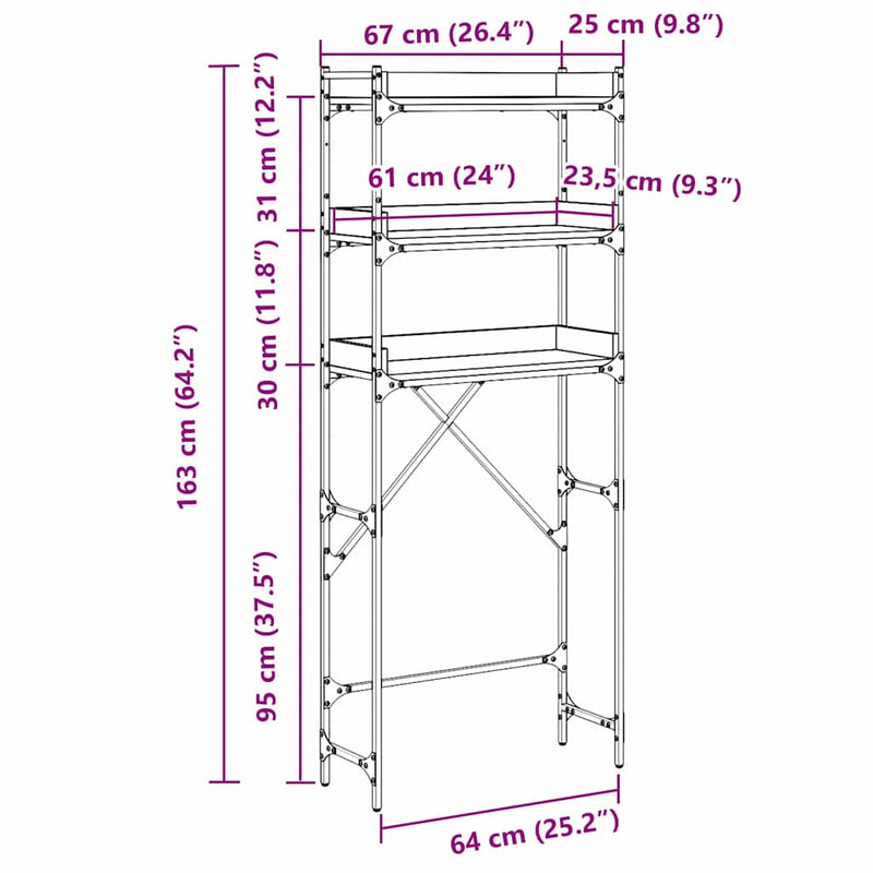 vidaXL Mosógép polc polcokkal Régi fa 67 x 25 x 163 cm Faanyag