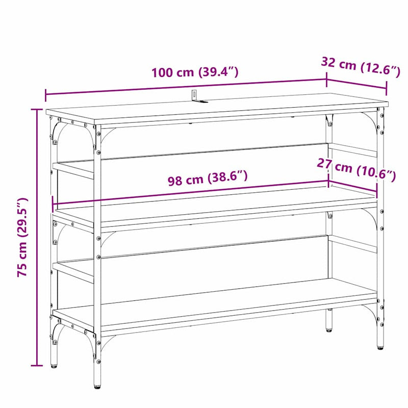 vidaXL Konzolasztal polcokkal Musta tammi 100 x 32 x 75 cm Faanyag