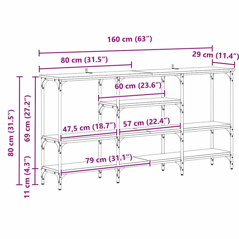vidaXL Konzolasztal polcokkal Régi fa 160 x 29 x 80 cm Faanyag