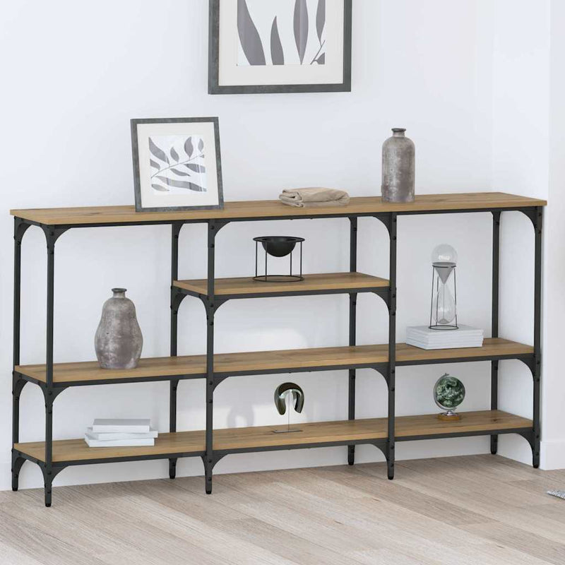 vidaXL Konzolasztal polcokkal kézműves tölgy 160 x 29 x 80 cm Faanyag