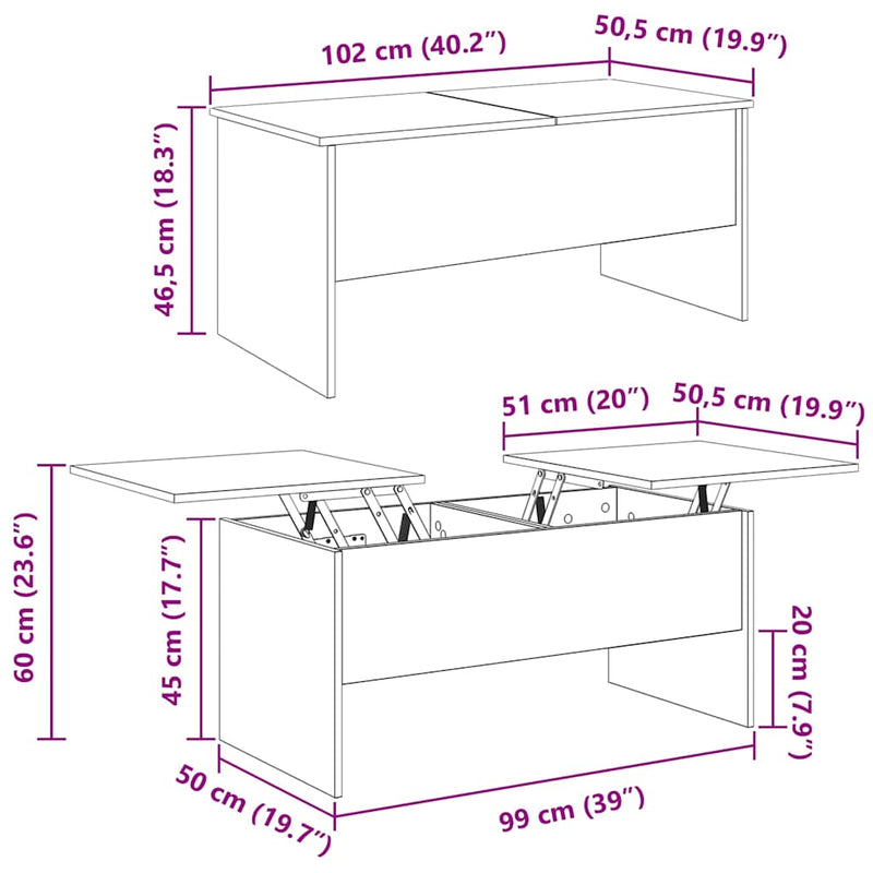 vidaXL Dohányzóasztal Régi fa 102 x 50,5 x 46,5 cm Faanyag