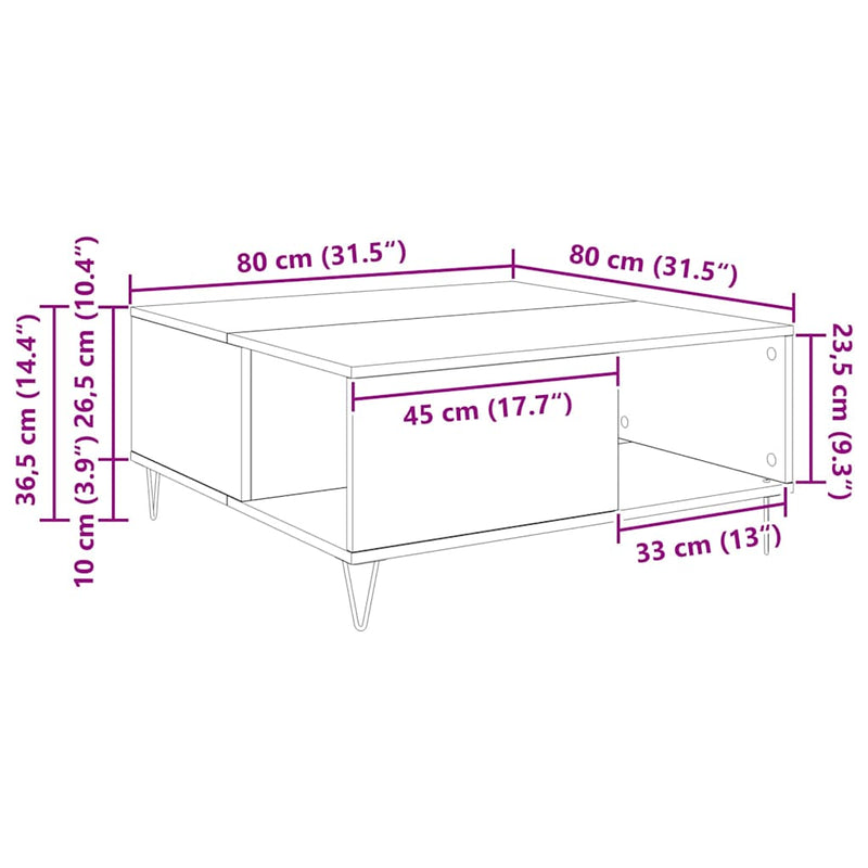 vidaXL Dohányzóasztal Régi fa 80 x 80 x 36.5 cm Faanyag