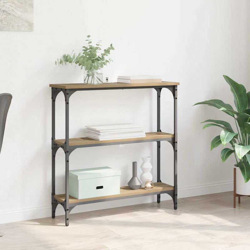 vidaXL Konzolasztal polcokkal kézműves tölgy 75 x 22.5 x 75 cm