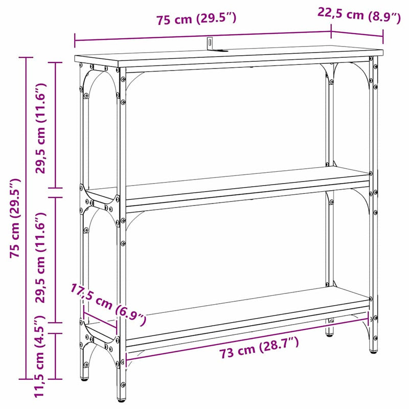vidaXL Konzolasztal Musta tammi 75 x 22.5 x 75 cm Műgyanta fa és Fém