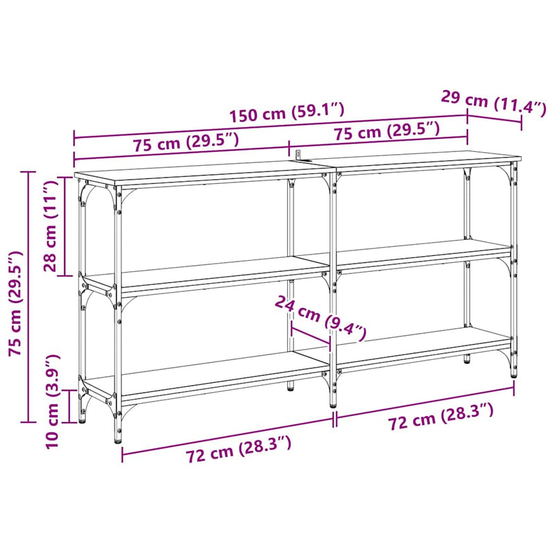 vidaXL Konzolasztal Artisan tölgy 150 x 29 x 75 cm Mérnöki fa és fém